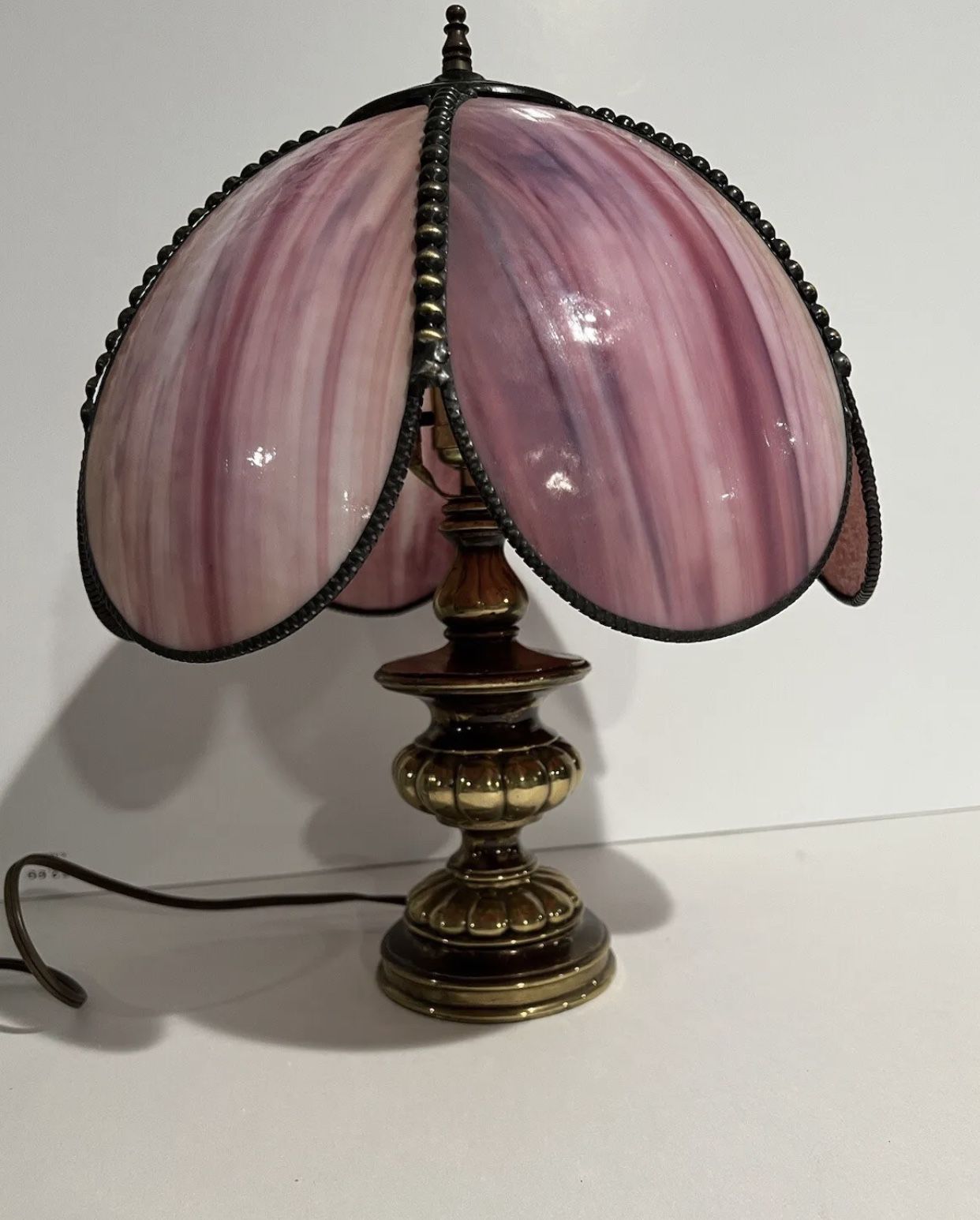 Vintage Golden Brass Lamp Unique Rare Tiffany Style Pink Stained Glass Shade