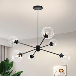 6-Light Globe Sputnik Chandelier Modern Black Sputnik Chandelier Mid Century Pendant Light Matte Black Finished with Clear Globe Glass Lam