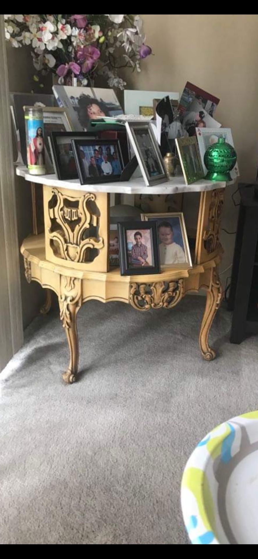 Older Coffee Table With Marble And Curio