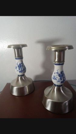 METAL - CERAMIC CANDLESTICK SET OF 2 / 7"