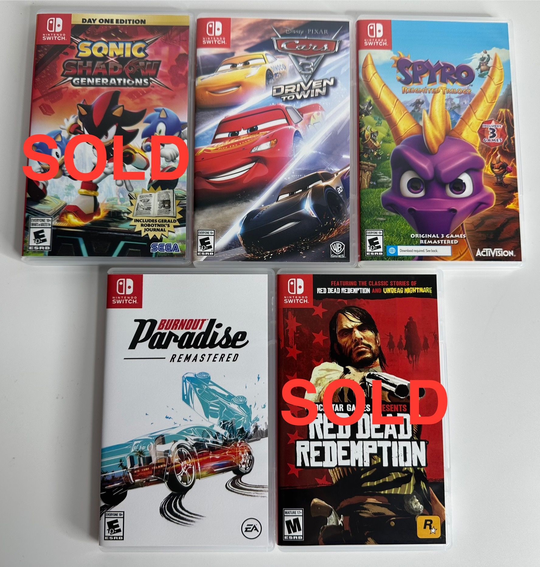 Nintendo Switch Games — Red Dead, Sonic, Spyro, Burnout, Cars 3 — Each Sold Separately