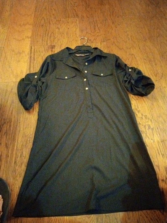 NEW Speed Control NY LARGE Black Collar Button Front Rolled Up Sleeve Tunic Midi Dress.
