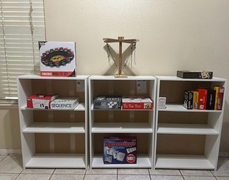3 White Wood Book Shelves (Games Included/Or Not)