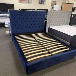 Queen Bed Frame In Blue Velvet 