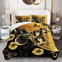 NEW Gold Butterfly Comforter Set- QUEEN 