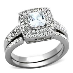 Womens Stainless Steel Princess Cut White CZ Wedding Engagement Ring Set Size 7-10