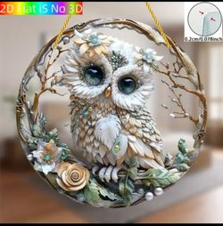Moonlit Jeweled Owl Acrylic Suncatcher, Round Stained-Glass Style Window Hanging