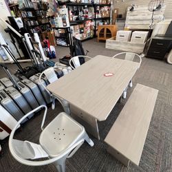 Dining Set of 6, Table, Bench and 4  Chairs Set, Gray, New 