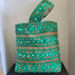 Vintage Handmade 1960s Burlap & Yarn Embroidered Tote Bag Green Pheasant Lining