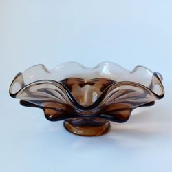 Vintage Midcentury 1950s Smoky Brown Ornate Glass Decorative Bowl ART 