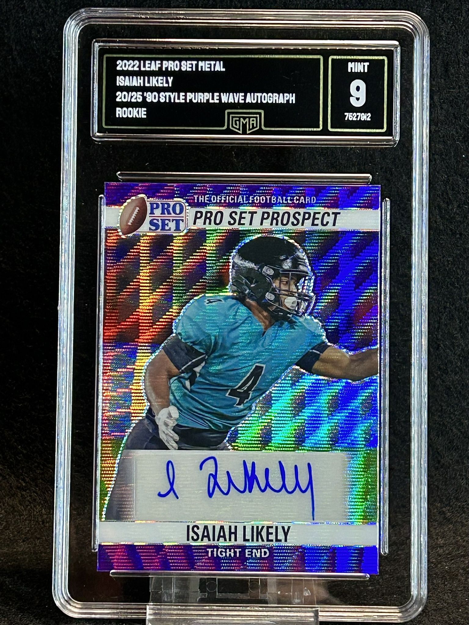 2022 Leaf Pro Set Metal 🔥 Isaiah Likely 🔥 ‘90 Style Purple Wave Auto Rookie 20/25 GMA 9 Mint 💎 - Baltimore Ravens