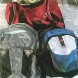 North Face Backpack, Swiss Gear, and Protege Barrel Bag.