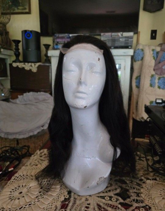 Human Hair Wig Long Wavy Dark Brown