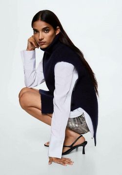 Mango Ribbed Chunky Knit Wool Blend Sleeveless Turtleneck in Navy Blue Medium