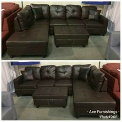 Brand New Brown Leather Sectional With Storage Ottoman 