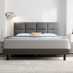 0547 Queen Bed Frame,GELBIY Queen Size Platform Bed With Fabric Upholstered Headboard, Dark Grey,Easy Assembly