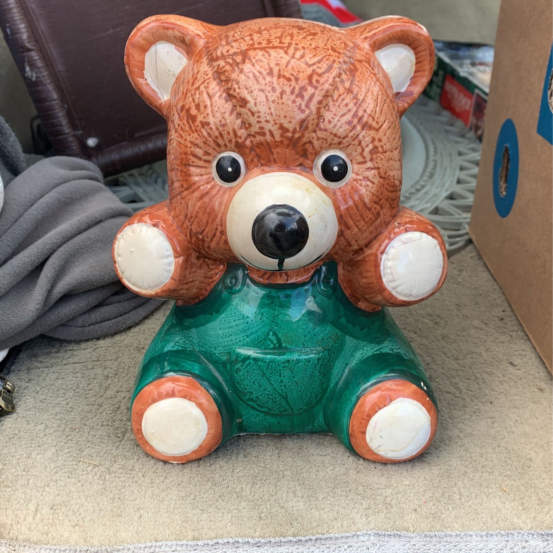 Vintage Ceramic Teddy Bear Piggy Bank With Green Overalls Made in Taiwan