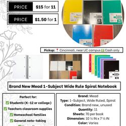 Brand New Mead 1-Subject Wide Rule Spiral Notebook