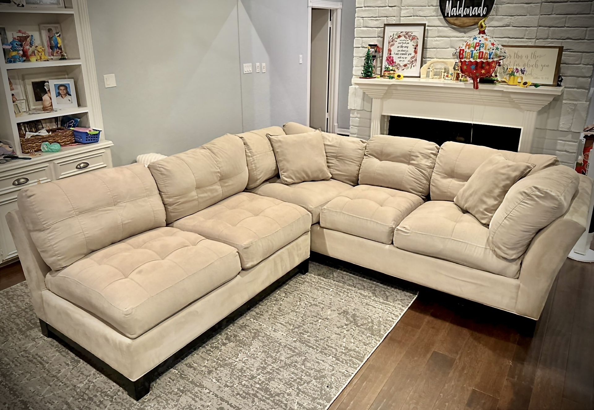 Cindy Crawford Tan 2 Pieces Couch, Large Piece is 107in And Small Piece is 61in