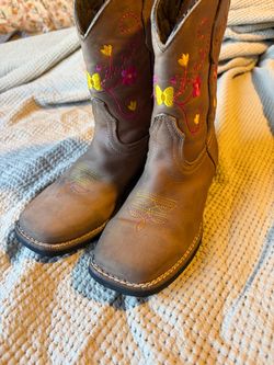 Girls Leather Brown Cowboy Boots with Floral Embroidery (size 3)