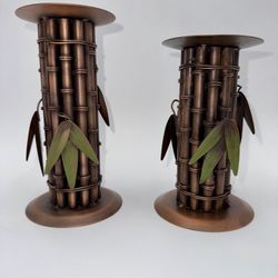 Copper Bamboo Pillar Candle Stand Set (2) Sheridan w/ Metal Accent Bamboo Leaves