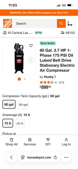 60 Gal. 3.7 HP 1-Phase 175 PSI Oil Lubed Belt Drive Stationary Electric Air