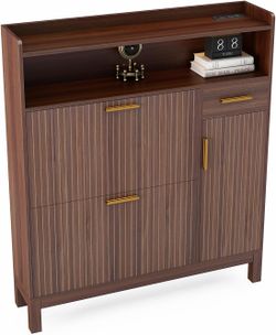 43-inch shoe cabinet with power outlet and LED light, large-capacity shoe organizer, walnut color