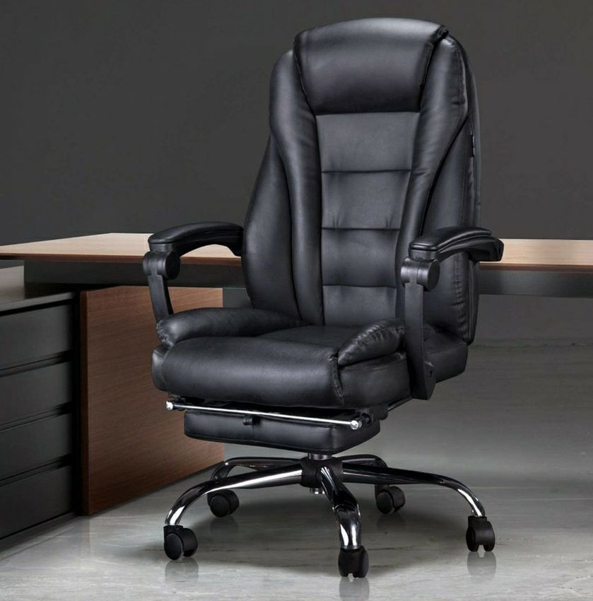 Hbada Ergonomic Executive Office Chair with Footrest, PU Leather Swivel Desk Chair, Recline Extra Padded Computer Chair, Black with Footrest