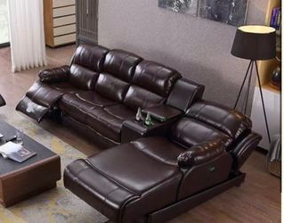 All power electric Brown leather reclining sectional and chaise lounge
