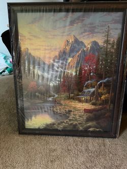 Framed Mountain Cabin Landscape Art Print