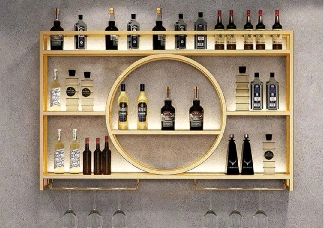 Kitchen FaucetMetal Wine Rack Bar Shelves Wall Mounted Kitchen Storage With Wine Glass Holder Liquor Shelf Mini Bar Liquor Bottle Display Shelf For Ki