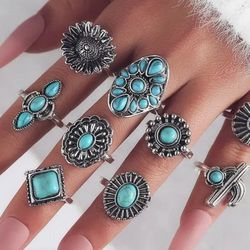 10 Silver Turquoise Mixed Lot Of Rings