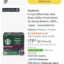 Starbucks Coffee Kuerig French Roast Dark Roast 4(24) Packs 