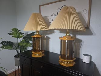 Pair of Vintage 70’s Anthony California MCM Botanical etched glass lamp- Rare