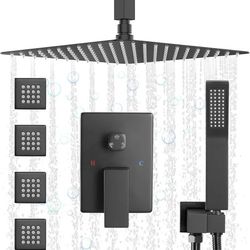 JetsBath Shower Jets Rain Shower System with 12'' Ceiling Shower & Hand Shower, Overhead Full Body Shower System with Body Shower Spray Jets Matte Bla