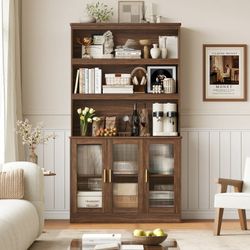 73" Tall Bookcase with Door, 5-tier Bookshelf with Counter Top, Printer Stand for Home Office Living Room, Dark Oak