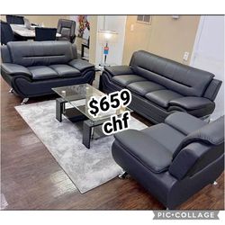 Black Faux Leather 3 piece living room sofa set ( Sofa + Loveseat + Chair )