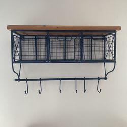 Wall Shelf With Hooks And Storage Bin 