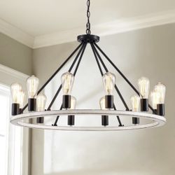 New 32” Antique Painted Metal Chandelier Light Fixture with 12 Lights Rustic Vintage Farmhouse Pendant