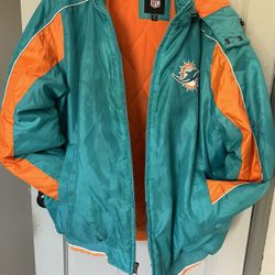 VTG NFL GIII Miami Dolphins Bomber/ Windbreaker Teal, Orange Embroidered Front & back, Removable Hood