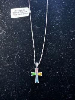 Sterling Silver Italian Multi Gem Cross Necklace
