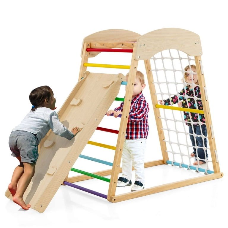 Costway 6-in-1 Wood Jungle Gym Montessori Climbing Play Set with Double-sided Ramp Colorful