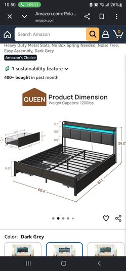 queen size bedframe with charging cable and drawers