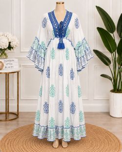 Boho Block Print Maxi Dress with Tassel Tie one size xs to large