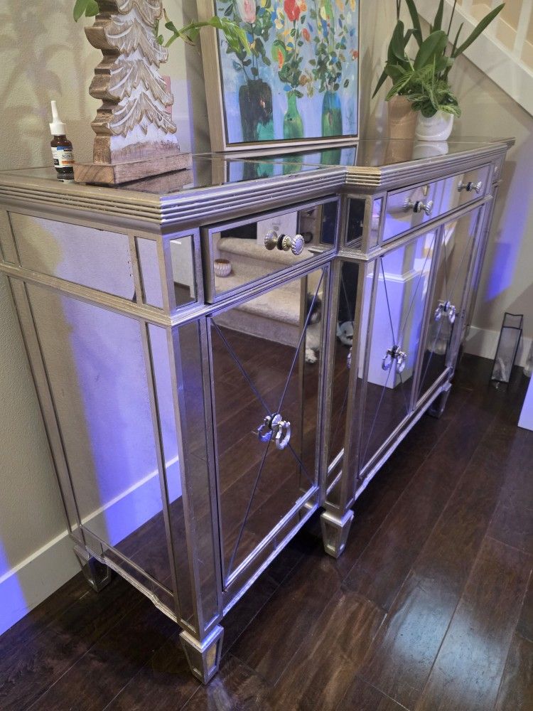 ZS Beveled Mirror & Wood Three Drawer, Four Door Server
