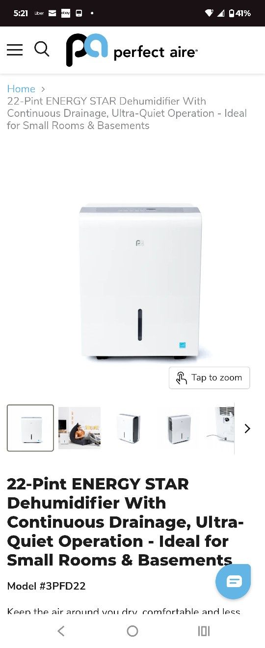 Perfect Aire 22-Pint ENERGY STAR Dehumidifier With Continuous Drainage, Ultra-Quiet Operation - Ideal for Small Rooms & Basements