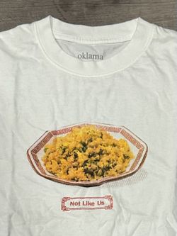 Kendrick Lamar drake Oklama Not Like Us white cotton t-shirt with graphic of a plate of fried rice with the words 'Not Like Us' below, size S #oklama