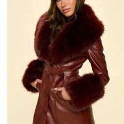 Coffee Faux Leather Coat Belted and Removable Faux Fur