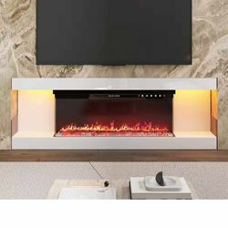 66.5 in. W Freestanding Electric Fireplace TV St and Media Con sole in White with Remote Control,