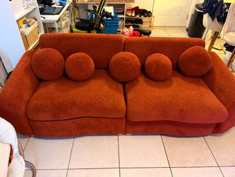 Rust Orange Velvet Sofa with Round Pillows
